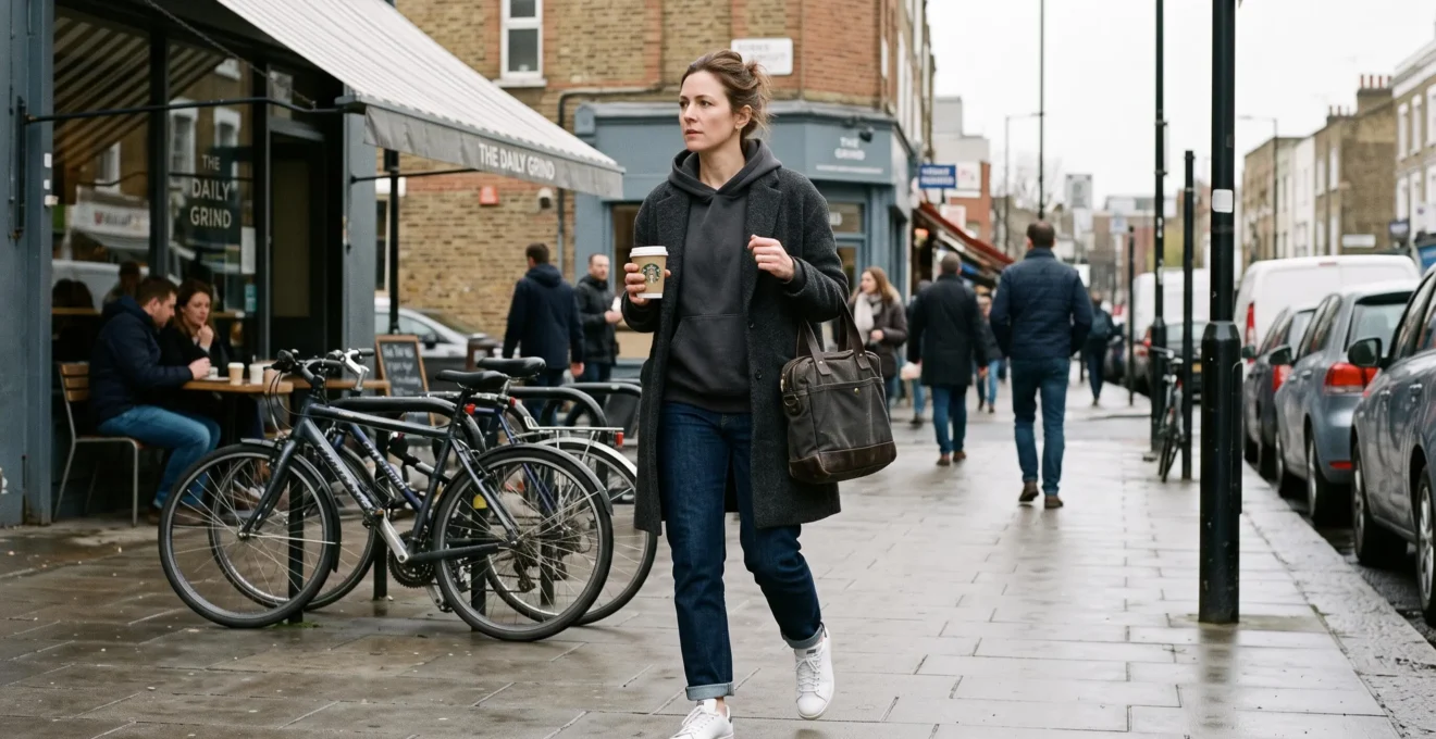 An adult walks through a city street in an oversized hoodie layered under a coat with loose jeans and clean trainers, blending streetwear into an everyday outfit.