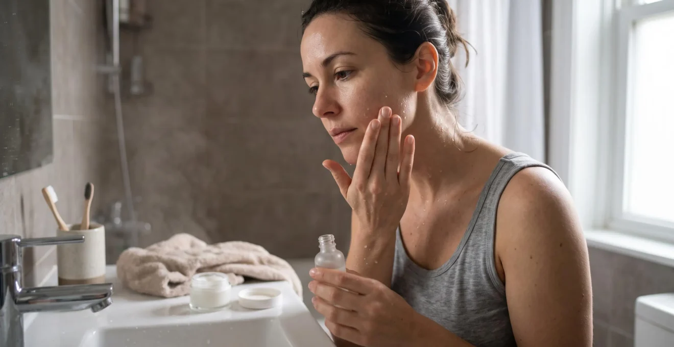 A woman pressing hydrating serum onto her damp cheek at a bathroom sink, with an open moisturiser jar beside the faucet.