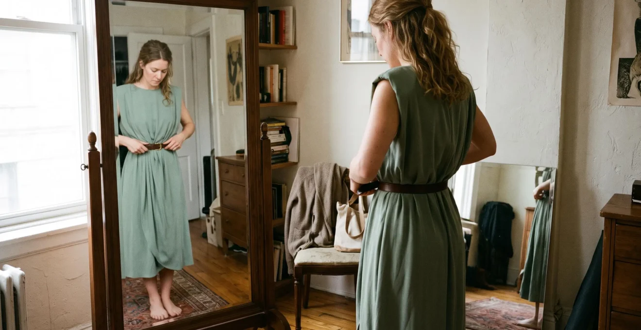 A woman cinches a belt at the waist of a draped midi dress while checking her profile and back in a full-length mirror at home.