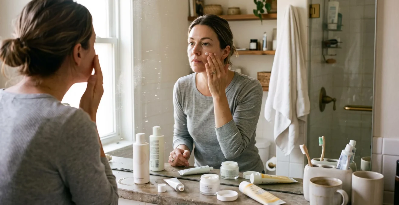 A woman applies moisturiser at a bathroom sink in the morning, with a minimal four-step skincare setup of cleanser, treatment, moisturiser and sunscreen on the counter.