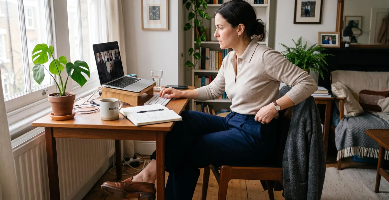 A woman working from home adjusts her half-tucked knit top at the waist while seated at her desk, wearing relaxed trousers and leather shoes.