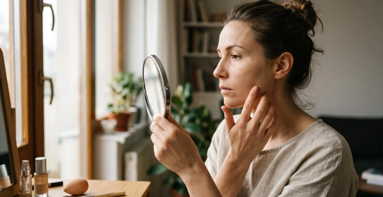 A woman checking her makeup in daylight next to a window, pressing a fingertip to her cheek while looking into a small hand mirror.