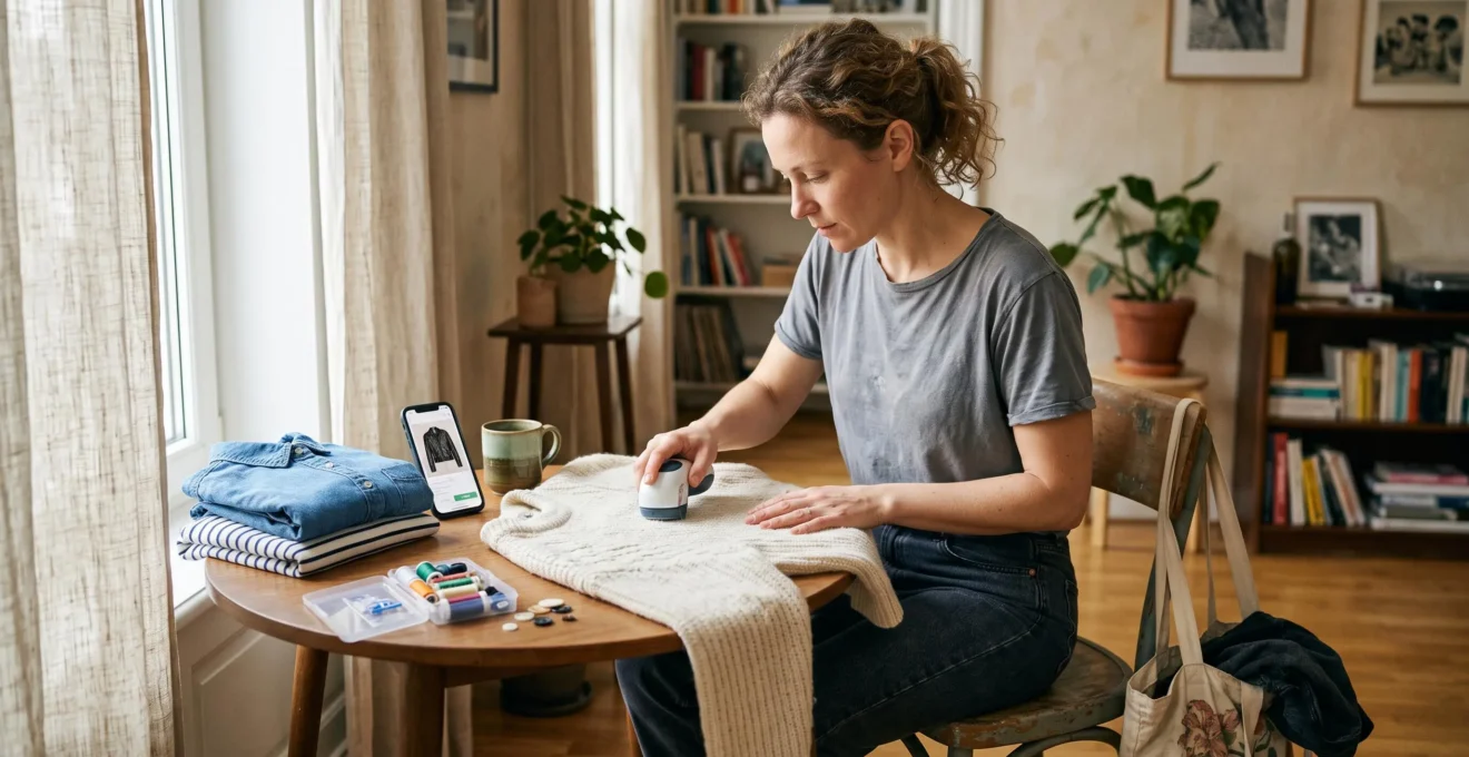 A person at home de-pilling a sweater at a table with garments laid out and a phone showing a resale listing photo nearby.