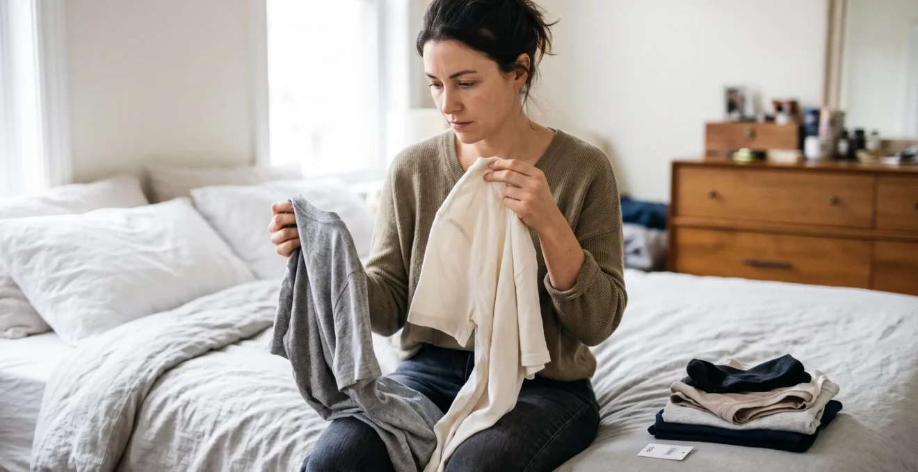 A person sitting on a bed compares the fabric of two cotton t-shirts, one in each hand, with a small pile of basics and a price tag beside them.