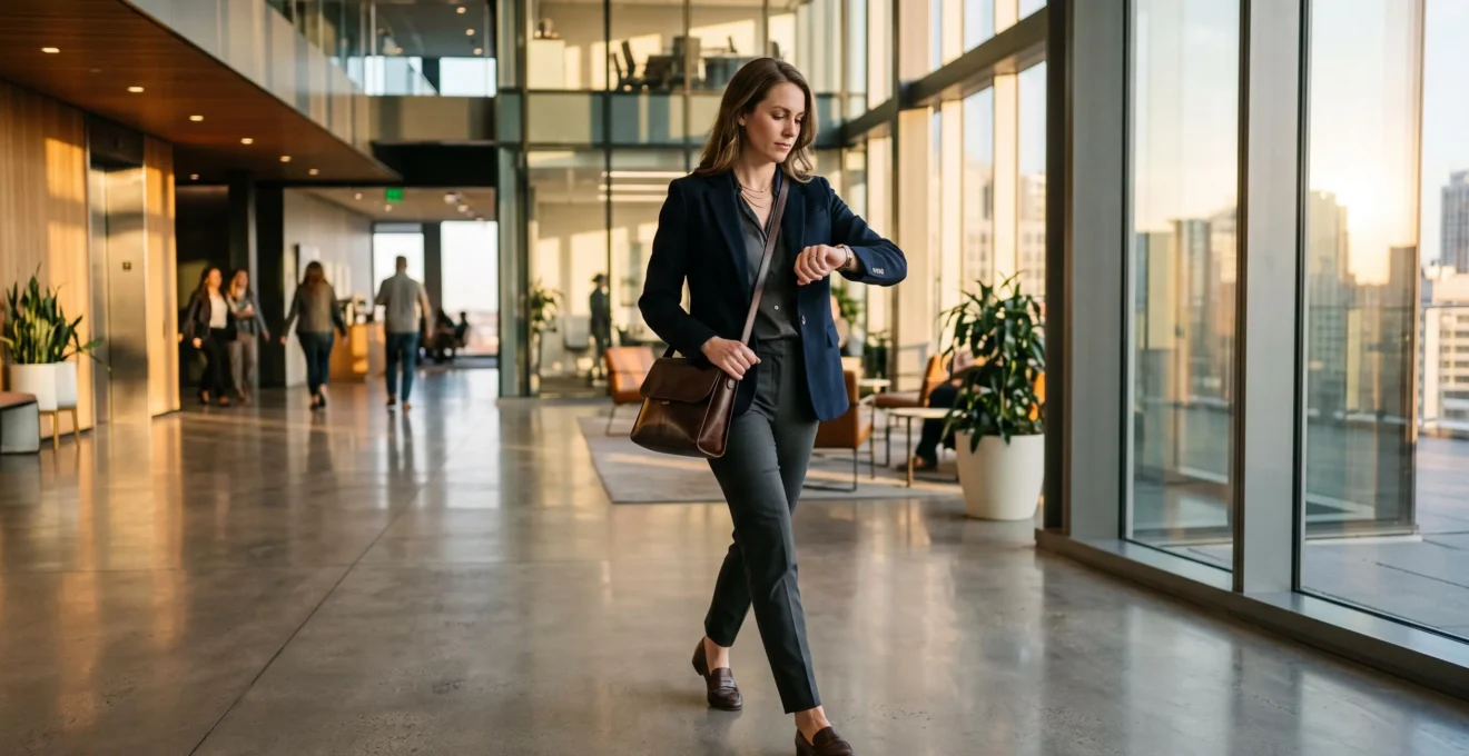 A professionally dressed woman walks through an office lobby carrying a structured crossbody bag loaded with a laptop and daily essentials, her layered necklaces and ring stack still neat after a full workday.