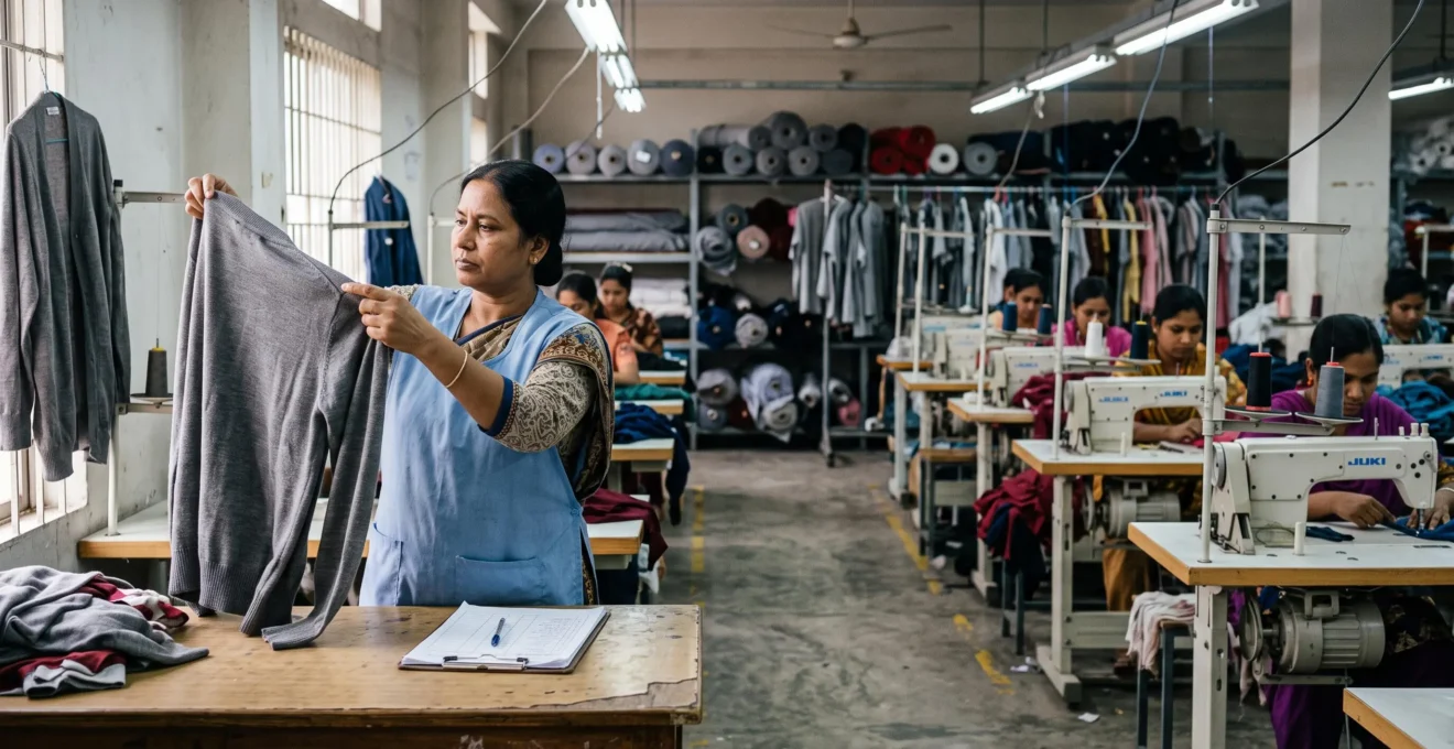 A quality control inspector examines the stitching of a garment at an inspection table inside a garment factory, with sewing lines and fabric rolls visible in the background.