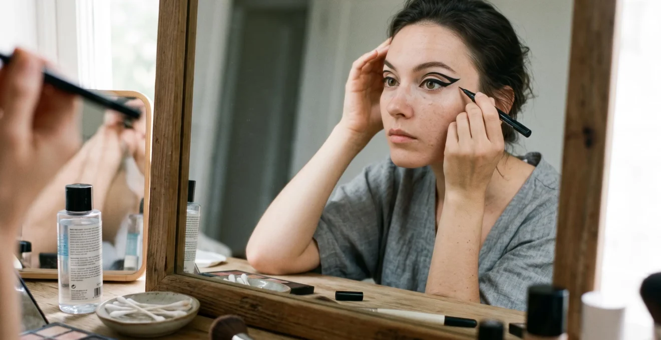 A woman drawing sharp graphic eyeliner above the crease with a fine-tipped pen while looking into a vanity mirror.