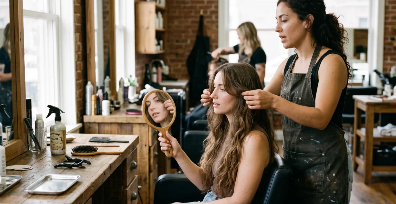 A hairstylist sectioning a client's hair during a consultation to show how a low-commitment trend cut would fall.