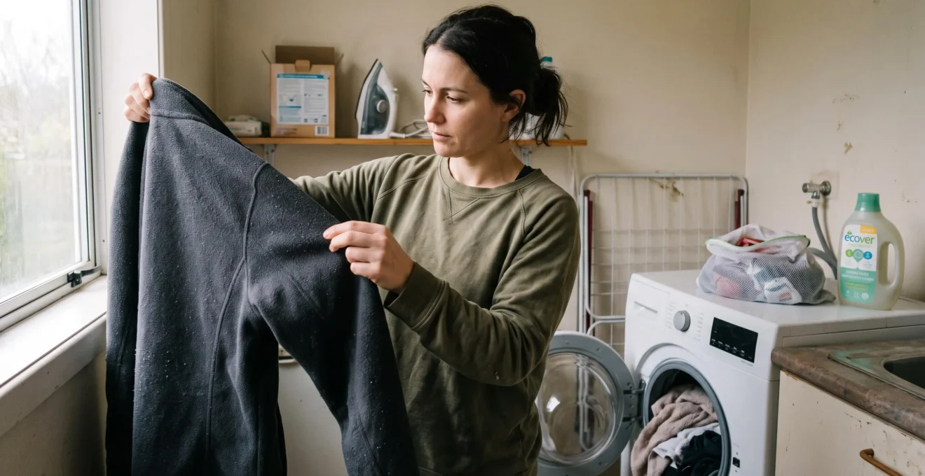 A person inspecting pilling on a recycled polyester fleece jacket in a home laundry room, with a mesh wash bag and liquid detergent on the machine.