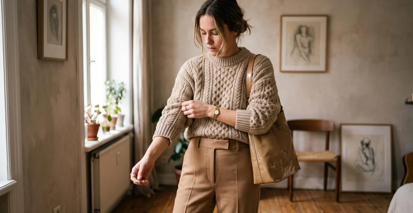 A woman in a monochrome beige outfit combining a chunky knit sweater, smooth wool trousers and a leather bag, showing texture contrast in natural light.