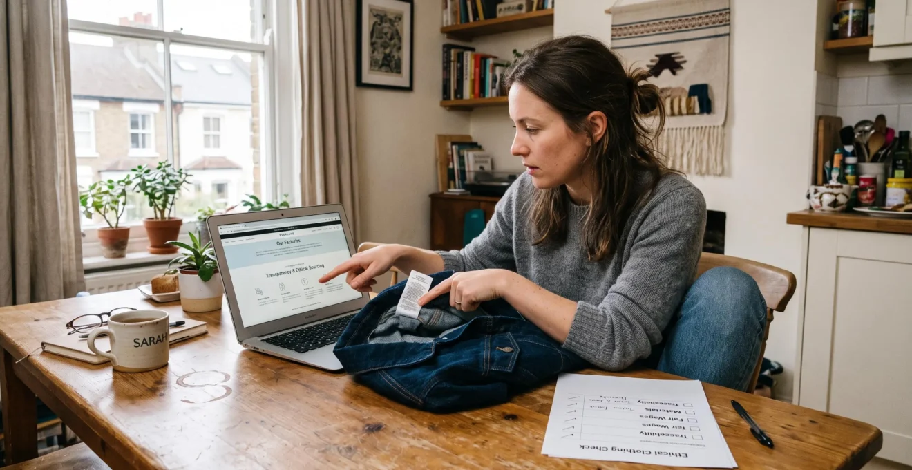 A person compares a garment label with a brand's sustainability page on a laptop at a kitchen table.