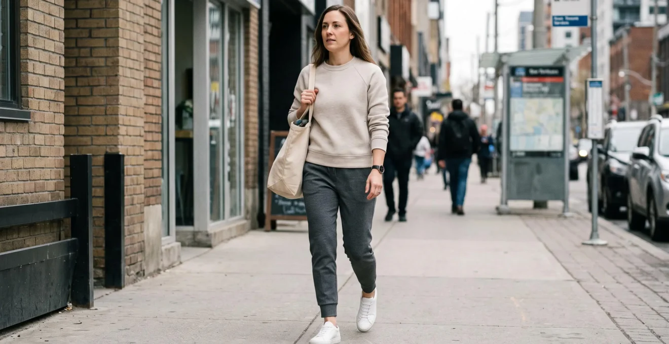 A woman walking on a city sidewalk in styled athleisure, combining tailored joggers, a structured knit sweatshirt and minimal sneakers.