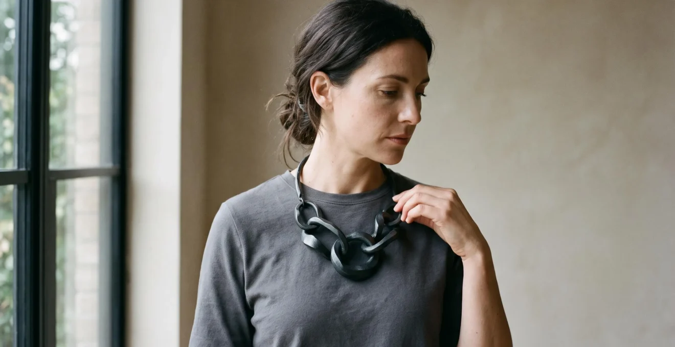 A woman adjusts a large sculptural metal necklace worn over a plain crew-neck top in natural daylight.