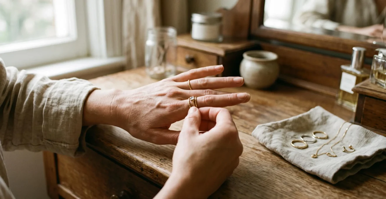 A woman's hands at a dressing table as she adjusts a stack of three thin rings, one textured ring framed by two plain spacer bands.