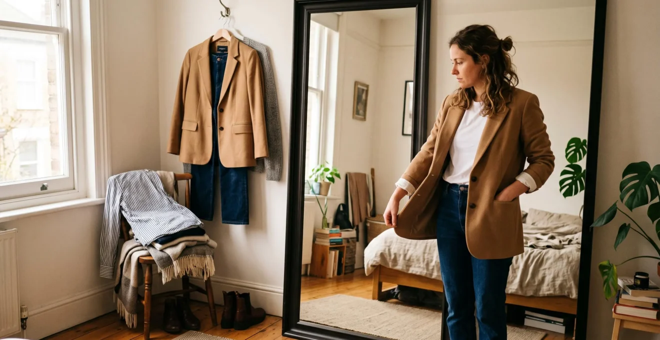 A woman checking the fit of an unstructured blazer worn over a T-shirt in front of a mirror, with the same blazer hanging nearby.