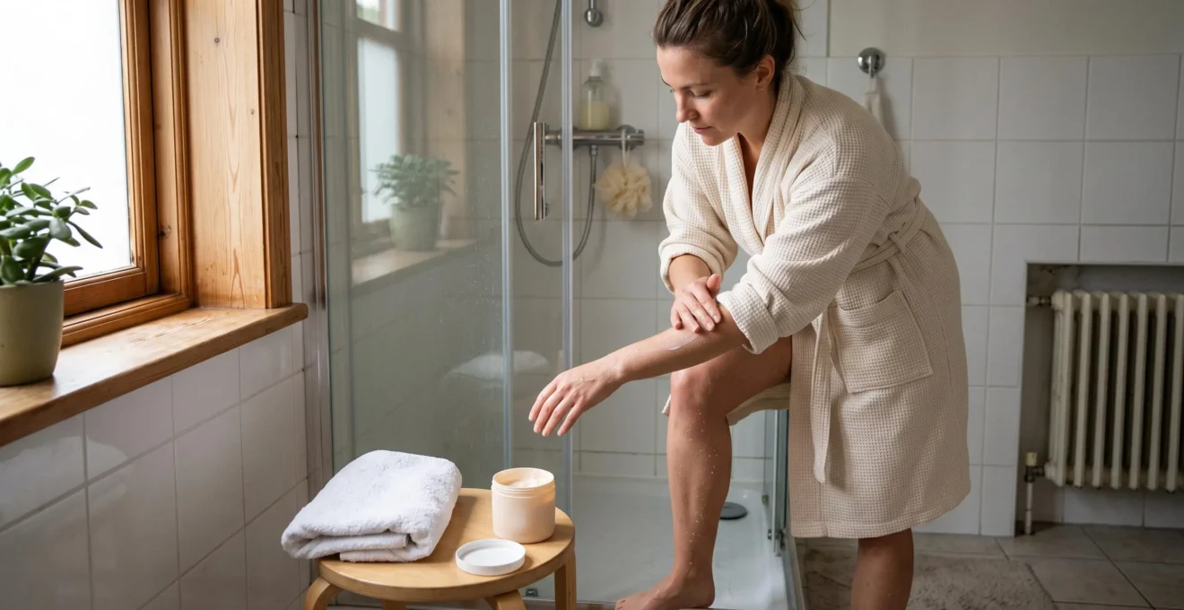 A woman applies body cream to her damp arm next to the shower in a softly lit bathroom.