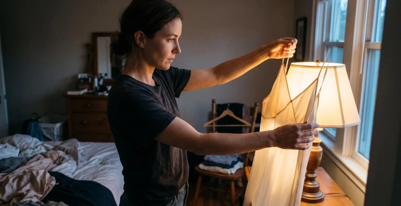 A woman holds an ivory silk dress up in front of a bright lamp to check how transparent the fabric looks under strong indoor light.