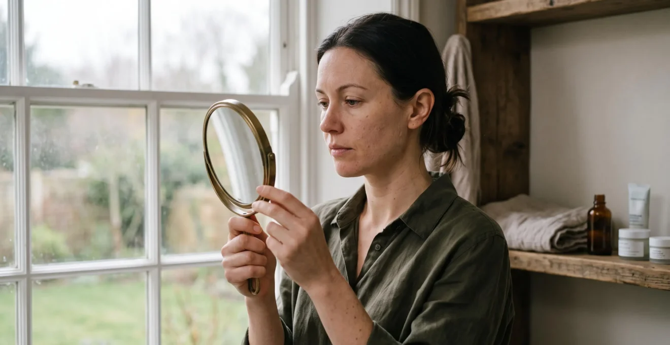 A woman examines how her bare skin reflects natural daylight while holding a small hand mirror beside a window.