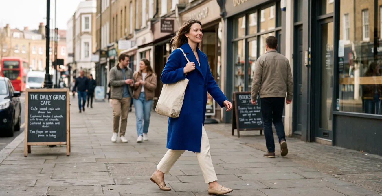 A woman wearing a cobalt-blue coat with cream trousers walks confidently down a sunlit city sidewalk in daylight.