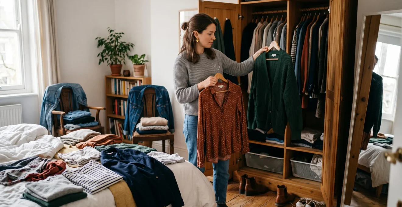 A woman standing in front of her open wardrobe at home, holding two different garments and comparing them while other clothes are laid out on her bed.