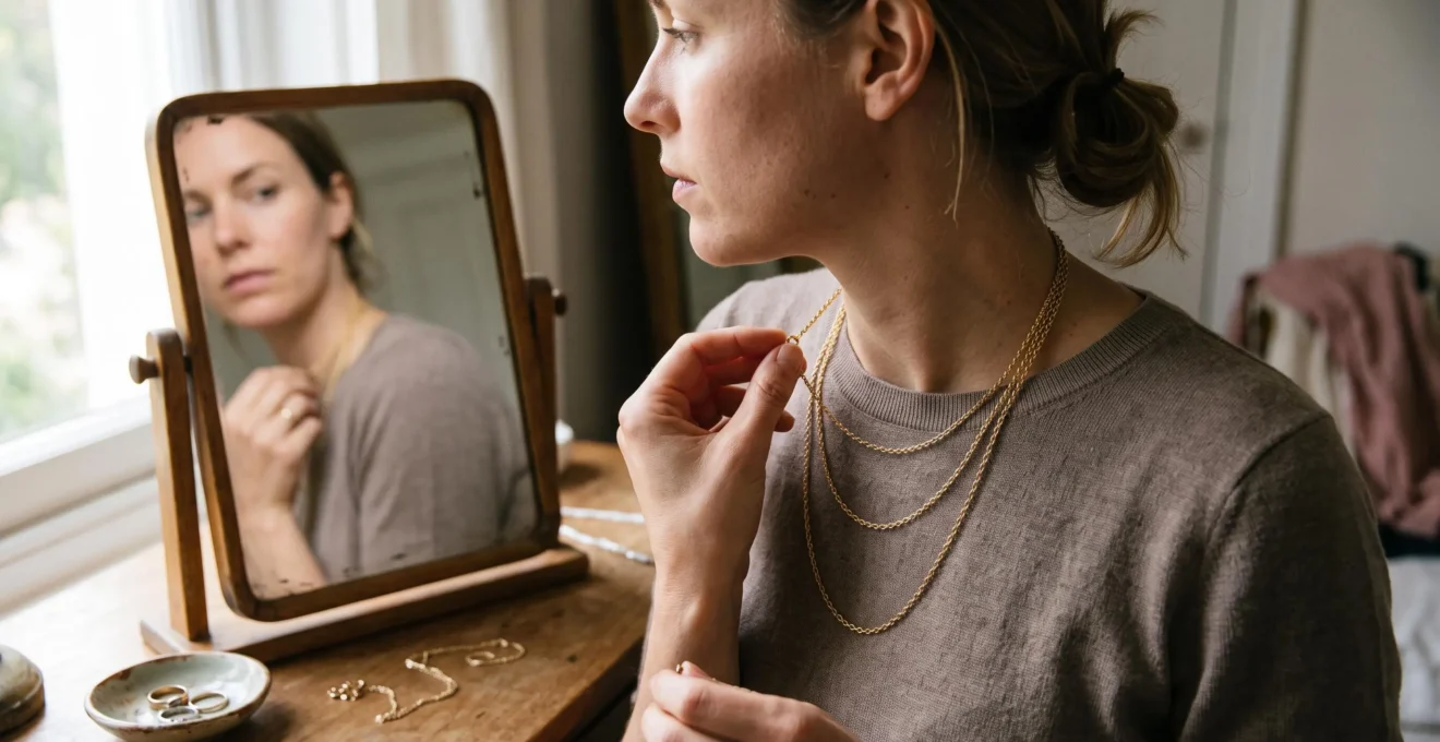 A woman fastening three fine layered necklaces at the front of her neck in front of a mirror, the chains spaced in separate untangled tiers.