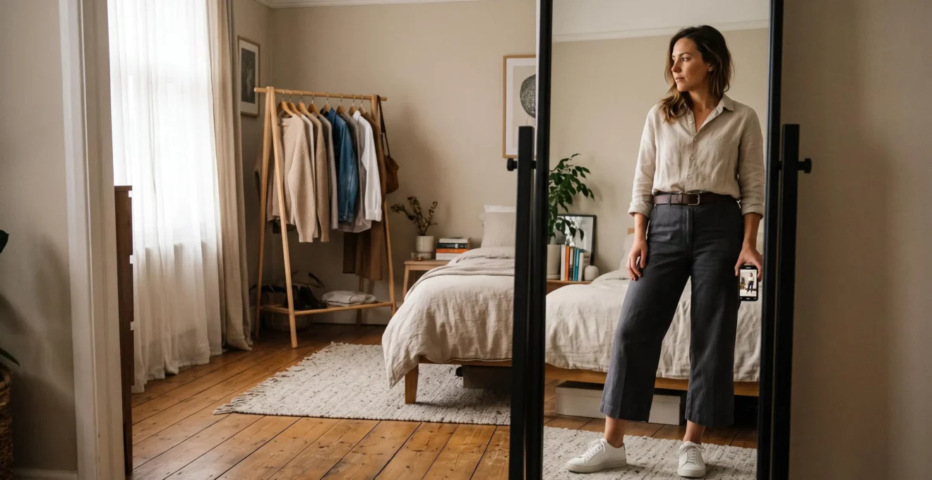 A woman photographs her full-length reflection in a mirror to evaluate the overall proportions of her outfit.