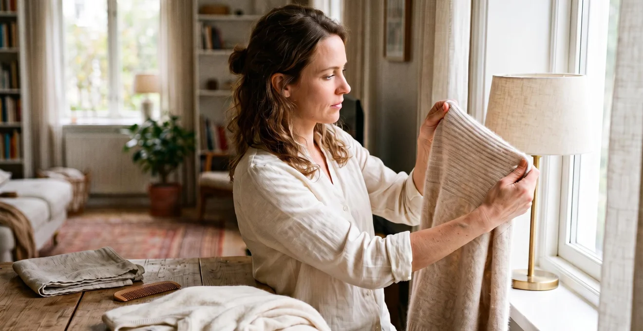 A woman holds a cashmere sweater up to a bright window and stretches the ribbed section to check how the fabric recovers, with a comb and folded towel on the table beside her.